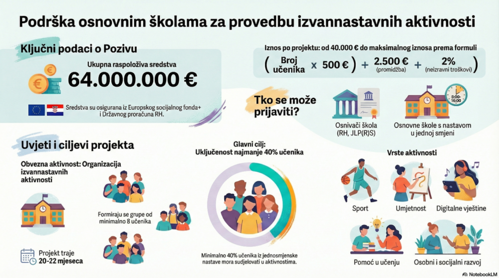 Objavljen Poziv na dostavu projektnih prijedloga „Podrška osnovnim školama za provedbu izvannastavnih aktivnosti kao pripreme za program cjelodnevne škole“